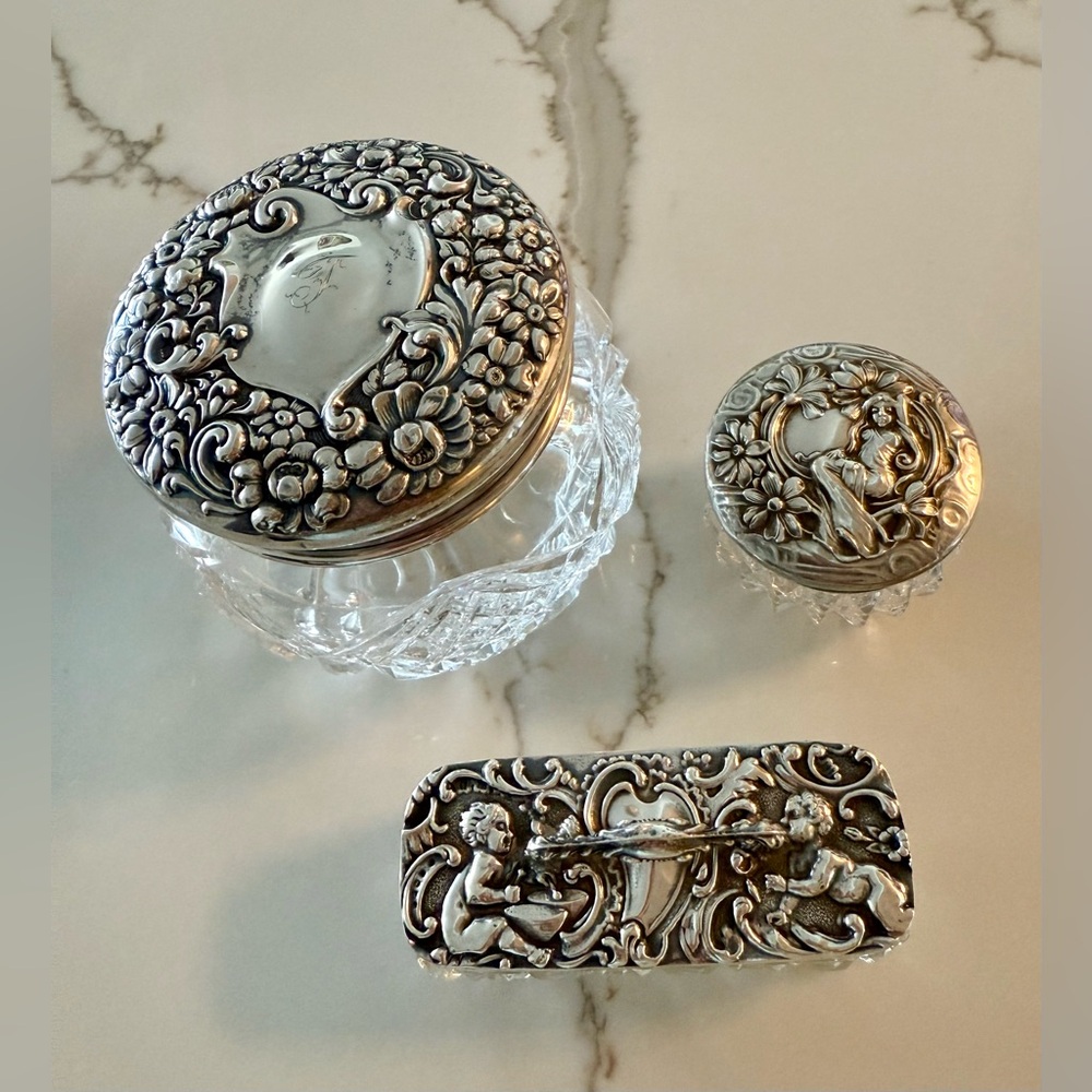 Exquisite Antique Dresser Jars Sterling Silver Lids- $275 As Group or $125 each